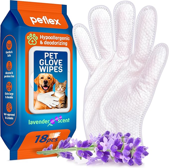 New 2025 Pet Cleaning Glove Wipes for Dogs and Cats – Hypoallergenic Hydrating & Nourishing – Suitable for Eyes, Ears, Paws & Body – Lavender Scent – Ideal for Daily Care & Travel – 18 Count