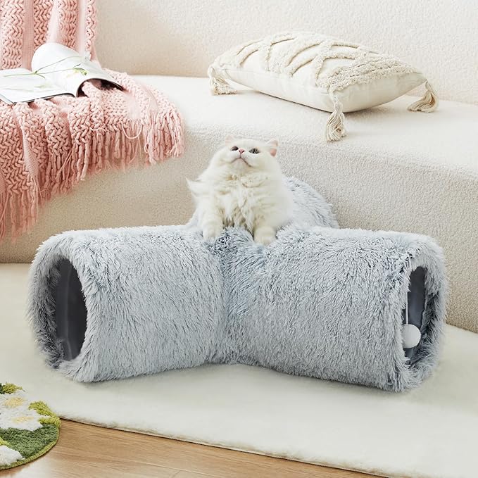Tempcore Plush Pet Cat Tunnel Tube Cat Toys 3 Way Collapsible, Tunnels for Indoor Cats，Kitty Tunnel Bored Pet Toys Peek Hole Toy Ball Puppy, Kitty, Kitten, Rabbit Light Grey