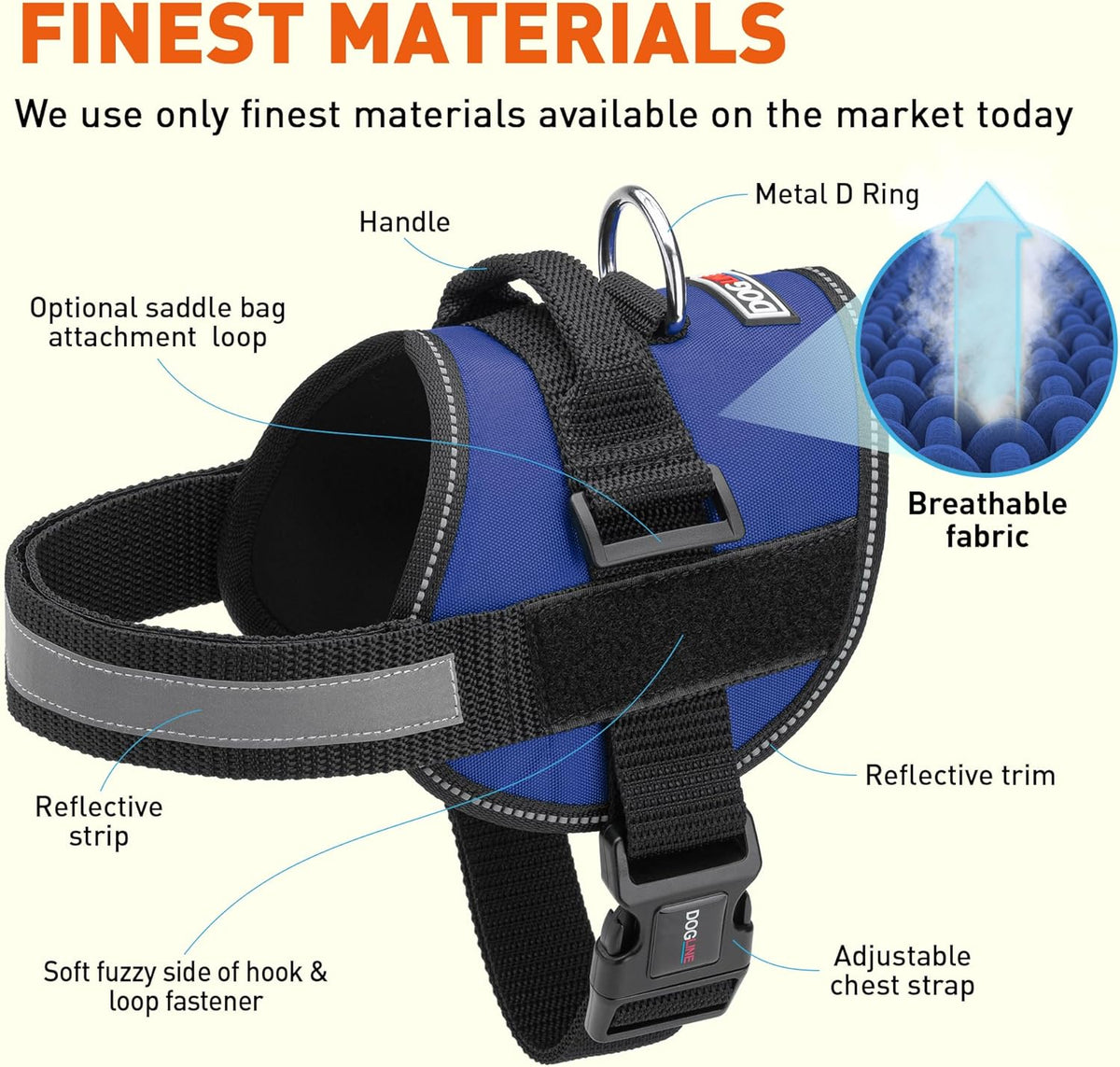 Dogline Dog Harness, Reflective No-Pull Adjustable Vest with Handle for Walking, Training, Breathable, No - Choke Harness for Small, Medium or Large Dogs Room for Patches Girth 22"-28" in Cyan Blue