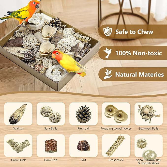 Natural Bird Toy Foraging Parrot Shredding Toys Box Conure Chewing Toys for Cockatiel Lovebird Parakeet Budgie Small-Medium Birds (Nature Color)