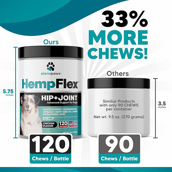 HempFlex - Glucosamine Chondroitin for Dogs - Hemp Oil for Dogs - Safe Dog Joint Supplement for All Breeds - 120 Mobility Hemp Dog Treats - Hip & Joint Support for Dogs - Joint Supplement for Dogs