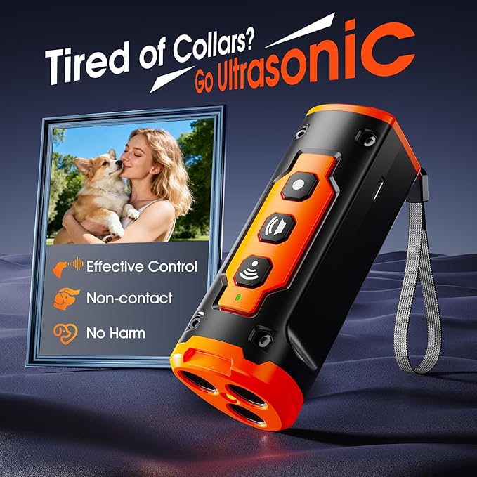 1-Touch Dog Bark Deterrent Devices with 3 Sonic Heads,Portable 50ft Range Anti Barking Device for Dogs,Rechargeable & Safe Dog Training Tool with Flashlight,Helps Improve Dog's Behavior Orange