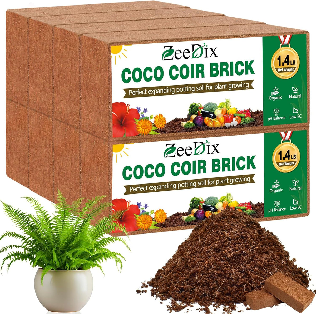 ZeeDix 8 Pack Coco Coir Brick (11.2lbs), 100% Organic Coconut Coir for Garden Soil & Potting Mix, Low EC and pH Balance, Compressed Coconut Husk Fiber for Seed Starter Soil for Indoor Outdoor Plants