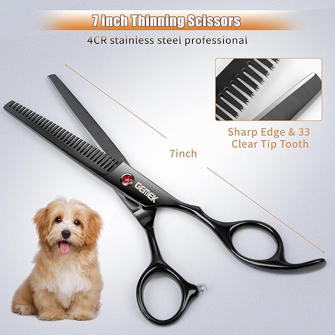 7.0in Titanium Professional Dog Grooming Scissors Set, GEMEK 6 in 1 Straight & Thinning & Upwards Curved & Downwards Curved Scissors & Comb for Dogs, Cats and Other Animals (Black)