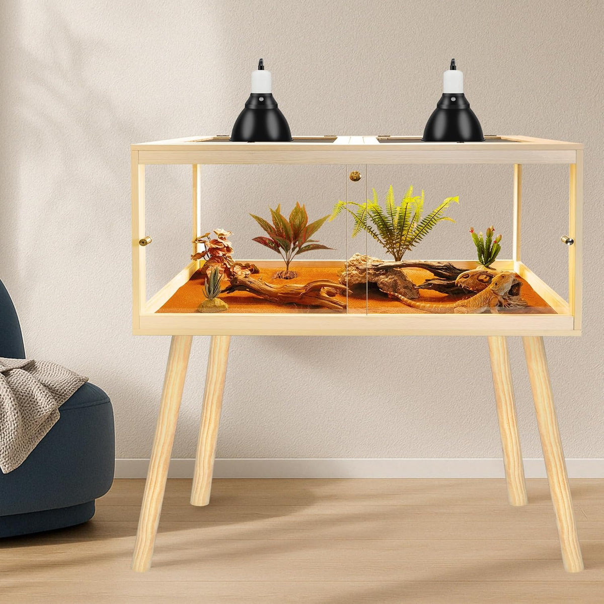 Bearded Dragon Tank with Legs Up to 77 Gallons, Tortoise Habitat with Metal Mesh Top, Reptile Enclosure Lockable Design, Snake Tank (Oak, 77 Gallon, 48" L x 20" W x 47.6" H)