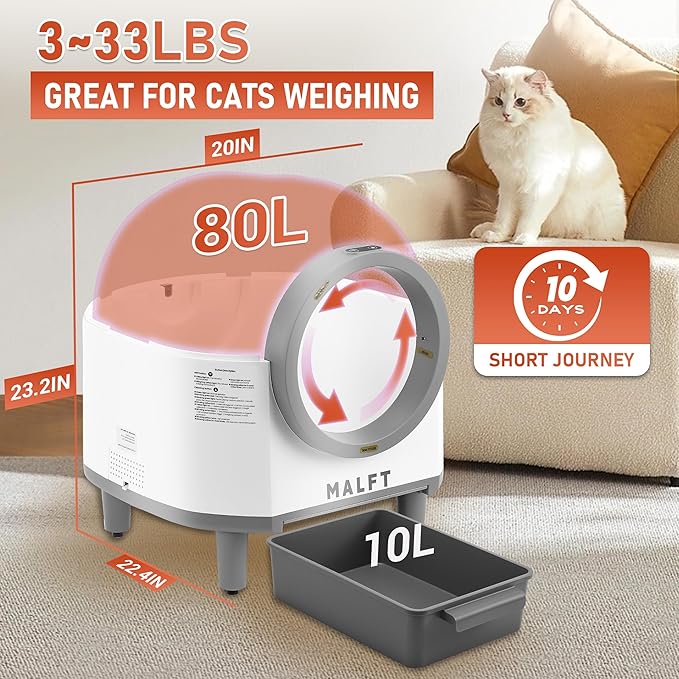 Automatic Cat Litter Box 90L –Self-Cleaning Cat Litter Box, Smart APP Monitoring, Safety Sensors, Low-Noise Cleaning, Large Capacity for Multiple Cats (Includes Mat & Waste Bags)