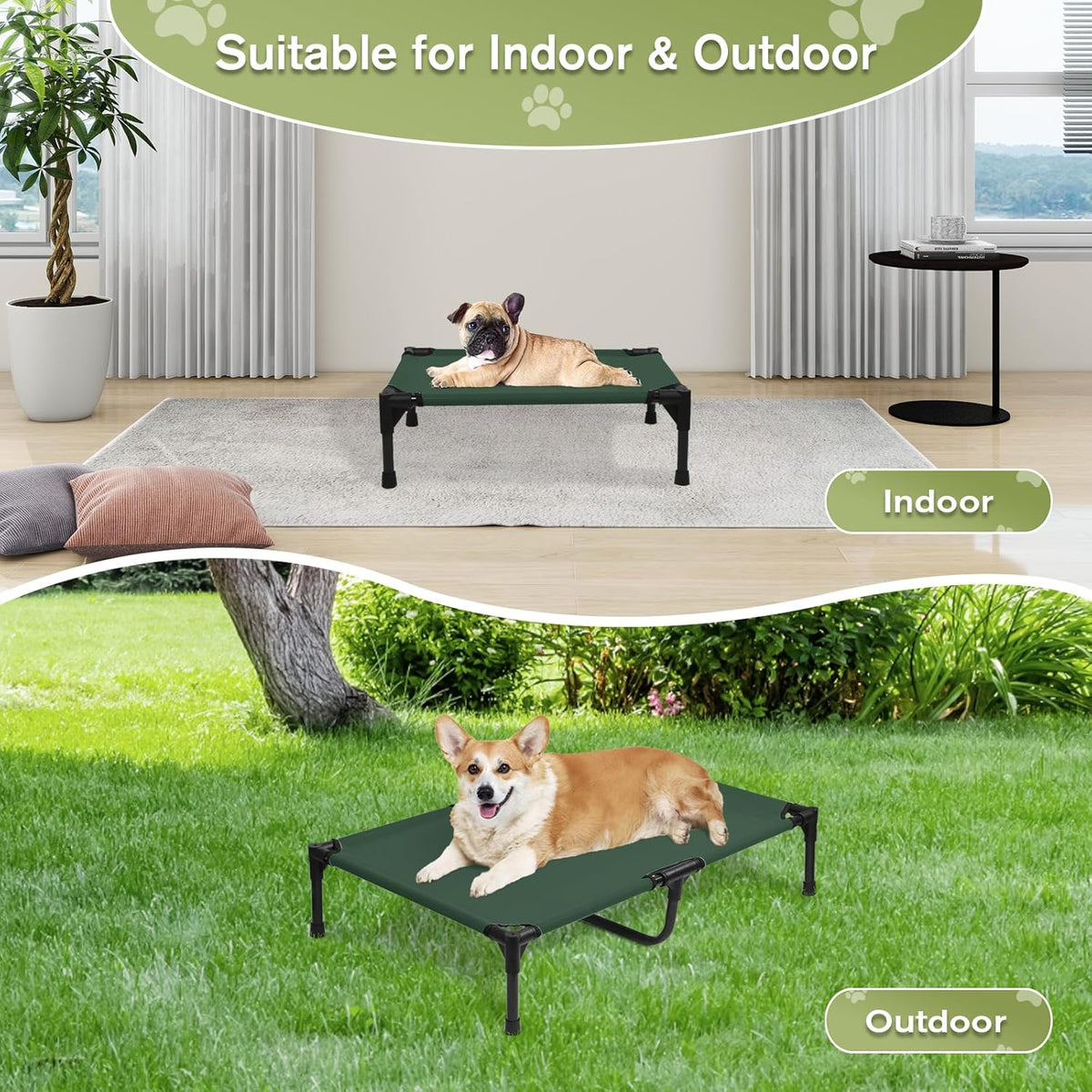 Outdoor Elevated Dog Beds Medium Sized Dog, Cooling Raised Dogs Cots Bed with Breathable Mesh, Portable Lifted Pet Hammock, Non-Slip Feet, Green, M