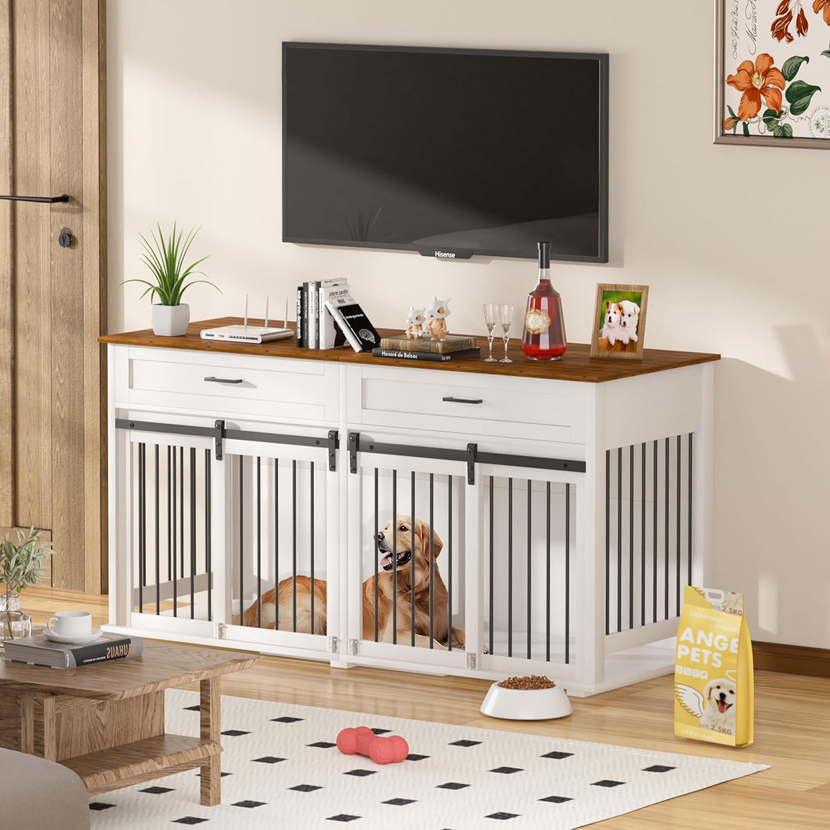 MUPATER 63" L x 23.6" W x 33.3" H Double Wooden Dog Cage Table with 2 Large Drawers & Safety Locks, Large Dog Crate Furniture for 2 Dogs with Removable Divider, Decorative Indoor Dog Kennel Furniture