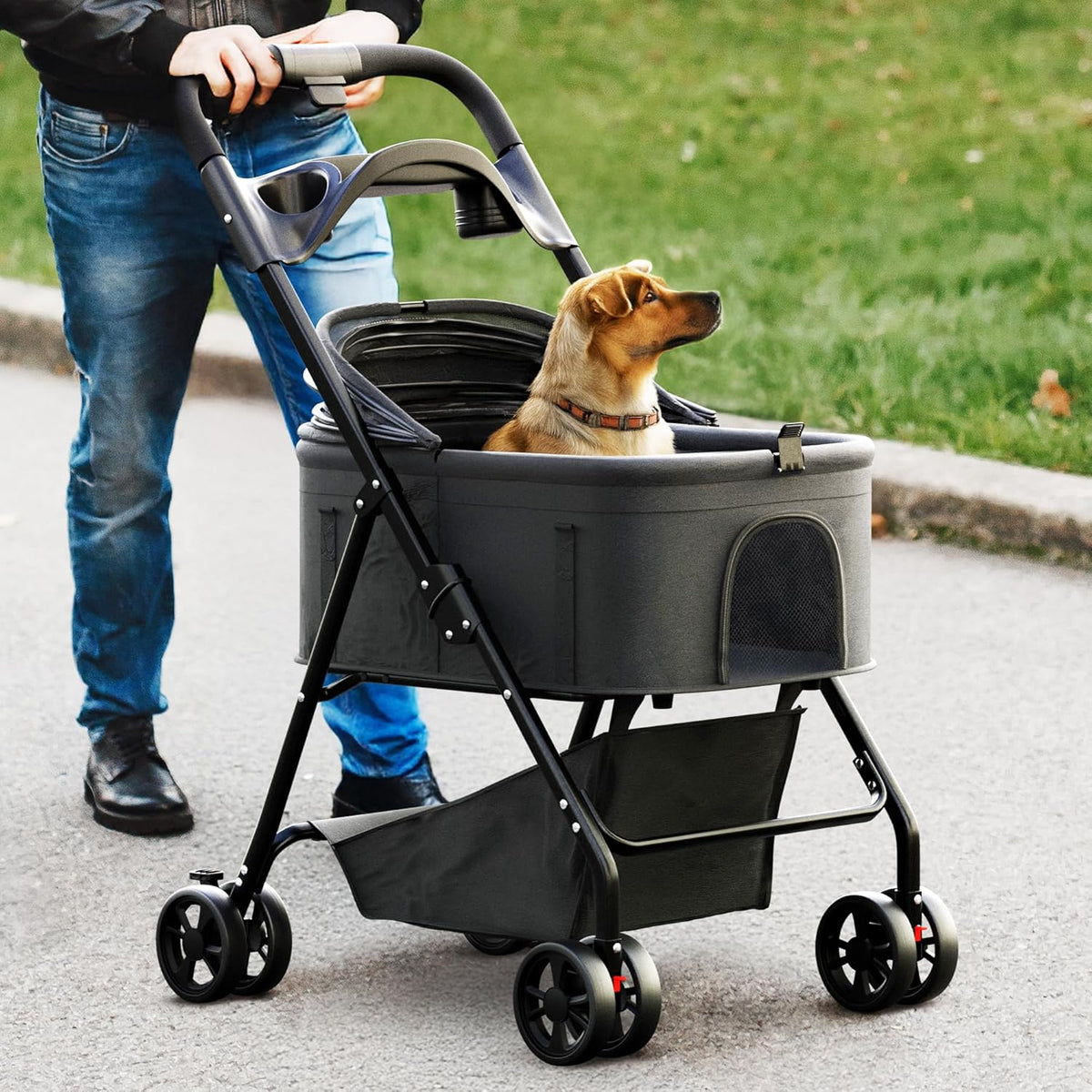 Pet Stroller 3 in 1 Foldable Dog Stroller, Cat Strollers, Foldable pet Strollers & Cat Carrier, Pet Carrier, Lightweight with Cup Holder, Waterproof Max Load 66 lbs, Breathable Mesh Canopy