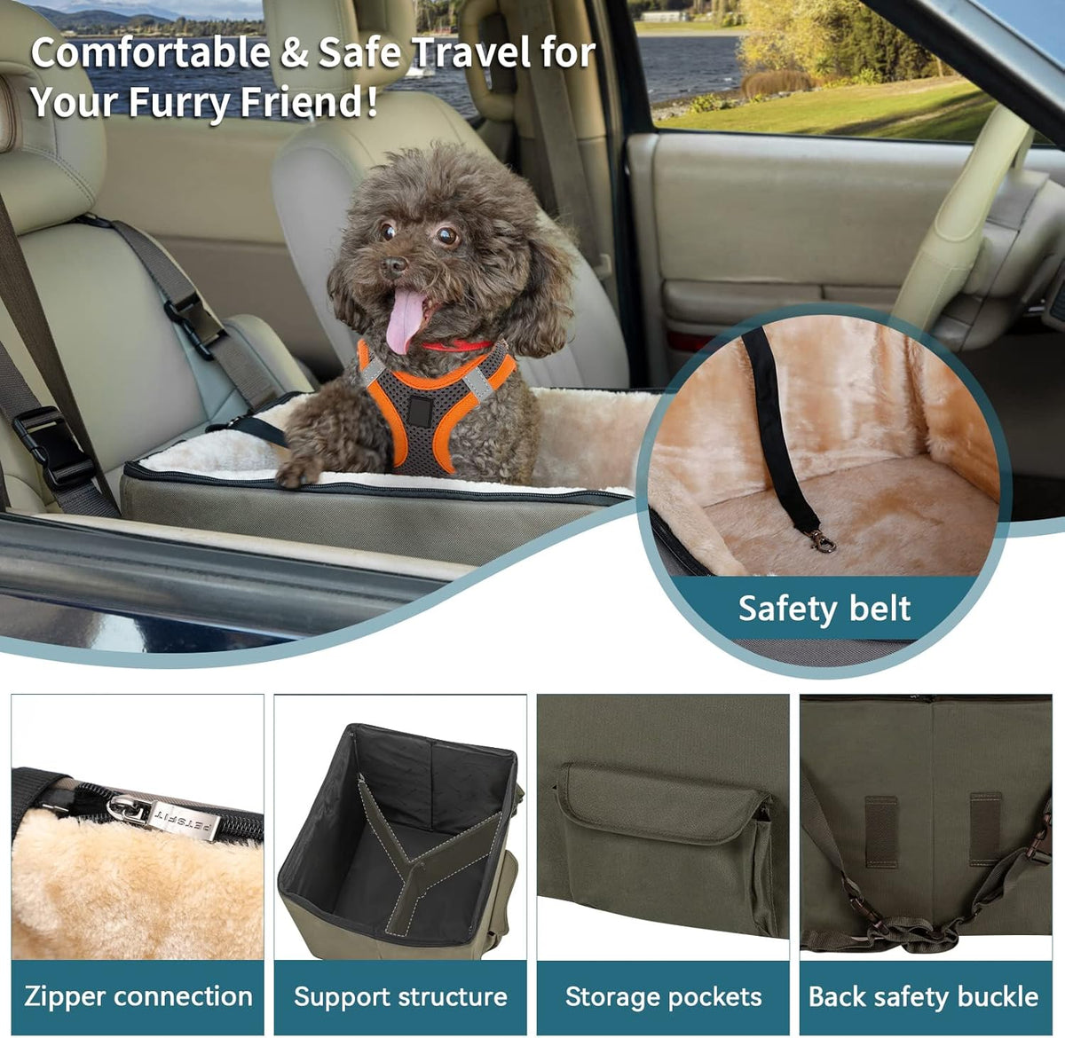 Petsfit Dog Booster Car Seat for Small Dogs, Dog Car Seat with Safety Leash, Suitable for Cars, Trucks, and SUVs (Small, Brown)