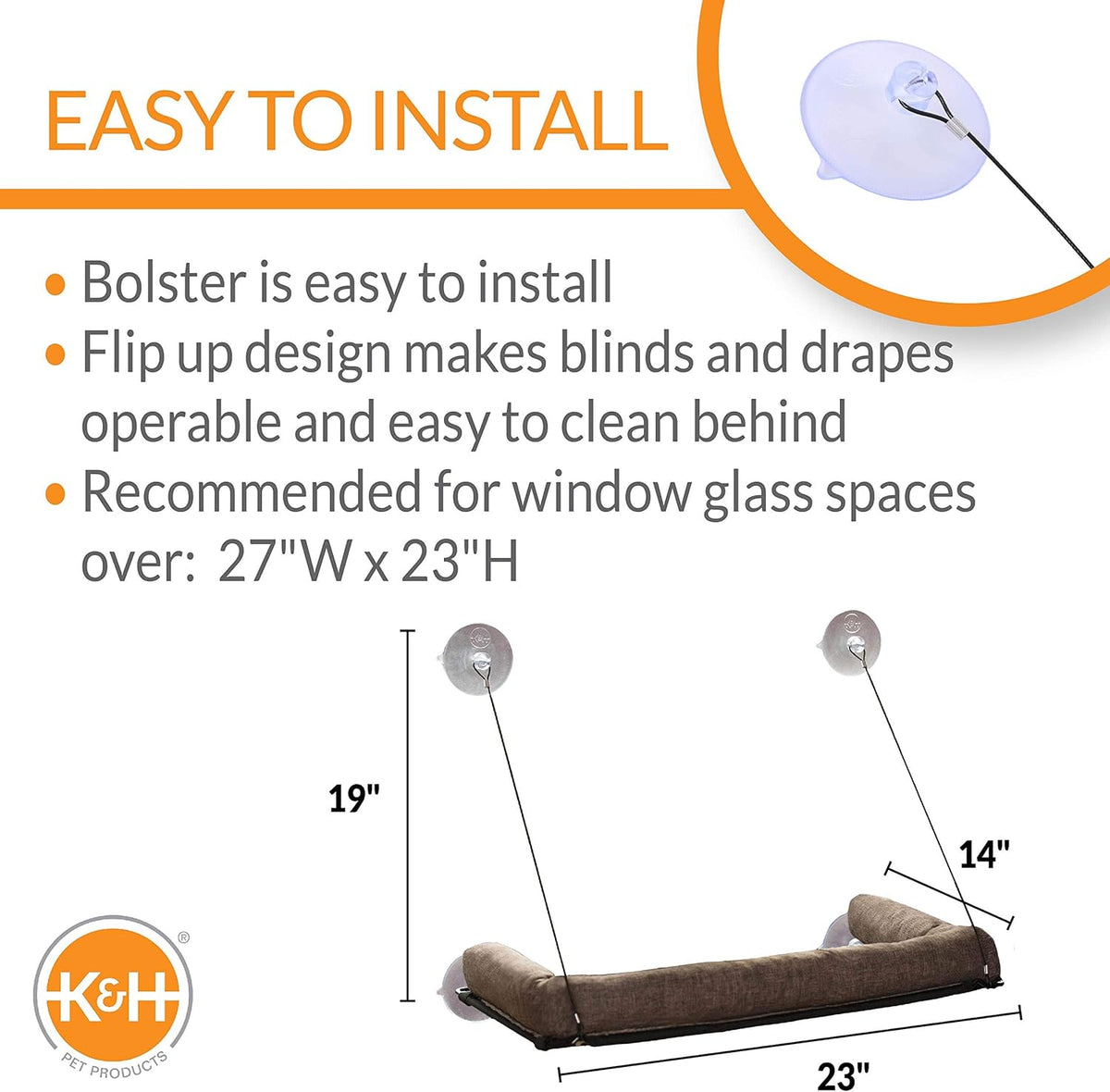 K&H Pet Products EZ Mount Bolster Cat Window Perch for Large Cats, Sturdy Kitty Window Hammock Bed, Steel Frame, Sturdy Suction Cups, Washable Shelf Covers, Foldable - Fits 27"W X 23"H Glass Spaces