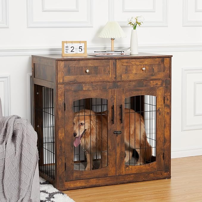 GAOMON Dog Crate Furniture with Cushion,Wooden Dog Kennels Indoor with 2 Drawers,Dog Furniture Crate End Table with Storage