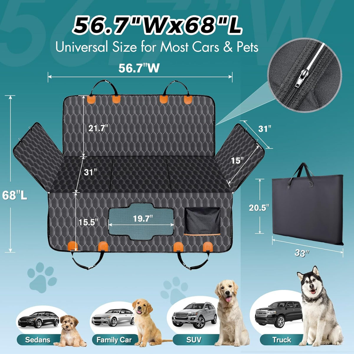 XL Back Seat Extender for Dogs-Supports 400lb,Waterproof Dog Car Seat Cover Hard Bottom-Detachable,600D Heavy Duty Scratch Proof Nonslip Soft,Dog Hammock for Car,SUVs