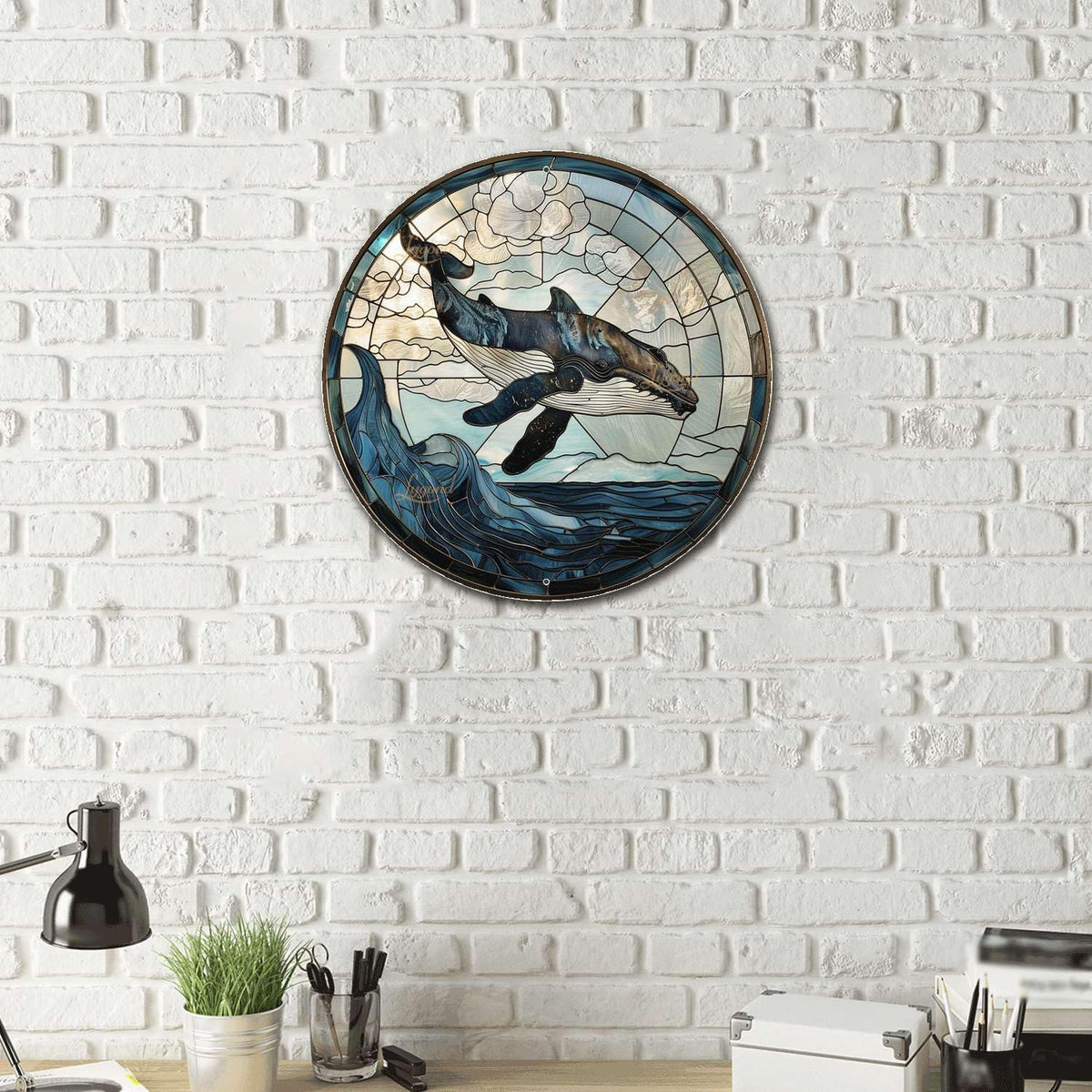 Lygond Metal Sign Tin Sign Circular Stained Glass Whale Sign for Garden for Restaurant 12×12 Inches
