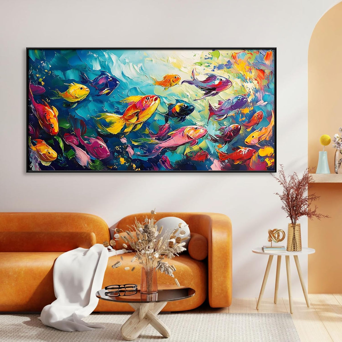 School of Fish Printed Canvas Wall Art – Framed Abstract Ocean Print – Vibrant Fish Wall Decor for Living Room, Bedroom, Office (Black Framed, 39"x19"|100x50cm)