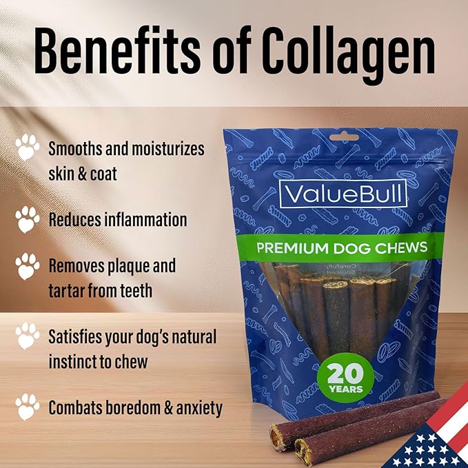 ValueBull USA Collagen Sticks for Dogs, 6 Inch Thick Chews, Natural Long-Lasting Dog Treats, 100 Count Bulk Pack - Promotes Joint, Skin & Coat Health with Glucosamine and Chondroitin