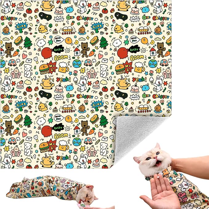 Cat Grooming Wrap, Self-Adherent Soft Cat Blanket to Wrap, Nail Clipping, Anti-Bite, Anti-Scratch, Anti-Escape Calming Wrap (Cute Prints, 10-13 lbs)
