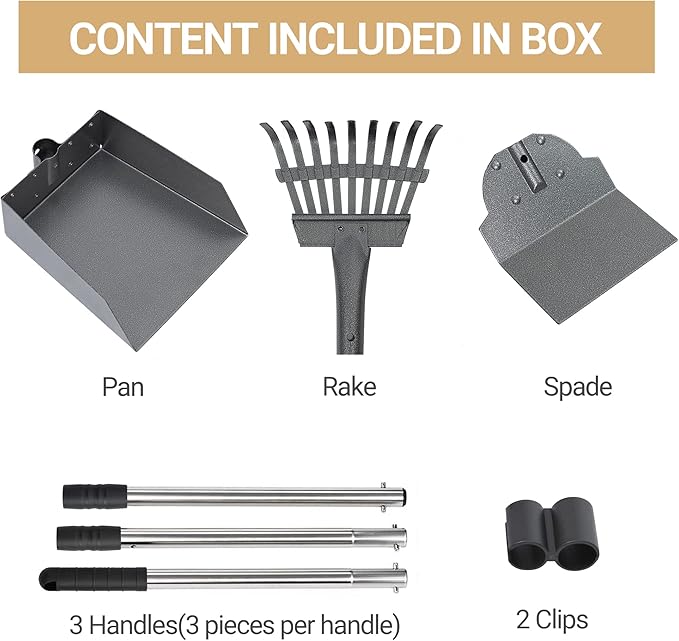 Heeyoo Dog Pooper Scooper, Dog Poop Tray and Rake Set, Pet Waste Removal Scoop with Long Adjustable Sectional Stainless Handles