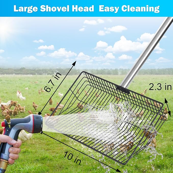 10 inch Large Chicken Poop Scooper,4 in1 Chicken Coop Poop Shovel,Adjustable 32" to 67" Stainless Steel Chicken Coop Scoop,Litter Sifting Shovel Poop Scooper for Chicken Coop Pet Waste