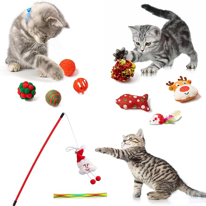 MALLMALL6 11Pcs Christmas Cat Stocking Toys Interactive Cat Toys Pack Including Feather Teaser Wand Catnip Mouse Crinkle Bells Ball Spring Toys for Indoor Cats, Christmas Hanging Stocking for Pet Cats