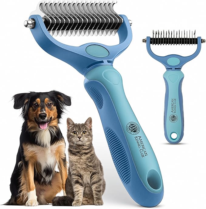 AKC-Dog & Cat Detangle Rake Style Brush | Durable & Effective | Anti- Slip & Easy Maintenance | Portable & Easy to Use | Stainless Steel Blades & Safety Guard | Detangling and Dematting Comb for Pets