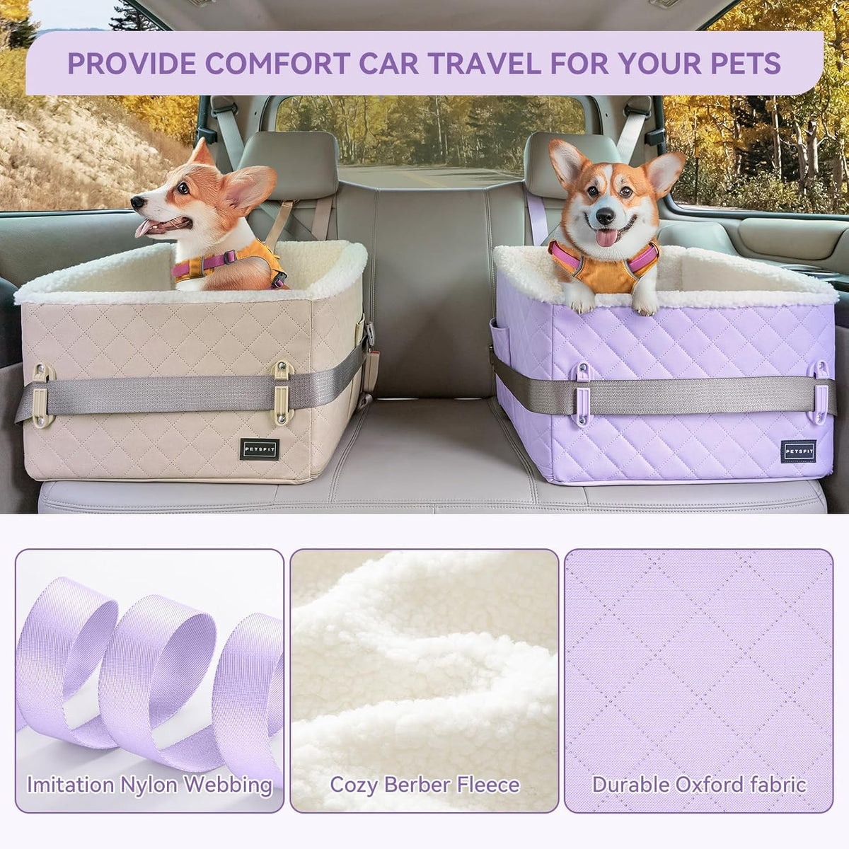 PETSFIT Dog Booster Car Seat, Soft Foam Cat Car Seat with Patented Safety Buckles, Storage Pockets and Detachable Clip-On Safety Leash, Dog Car Seats for Small Dogs Under 30 LBS (Purple)