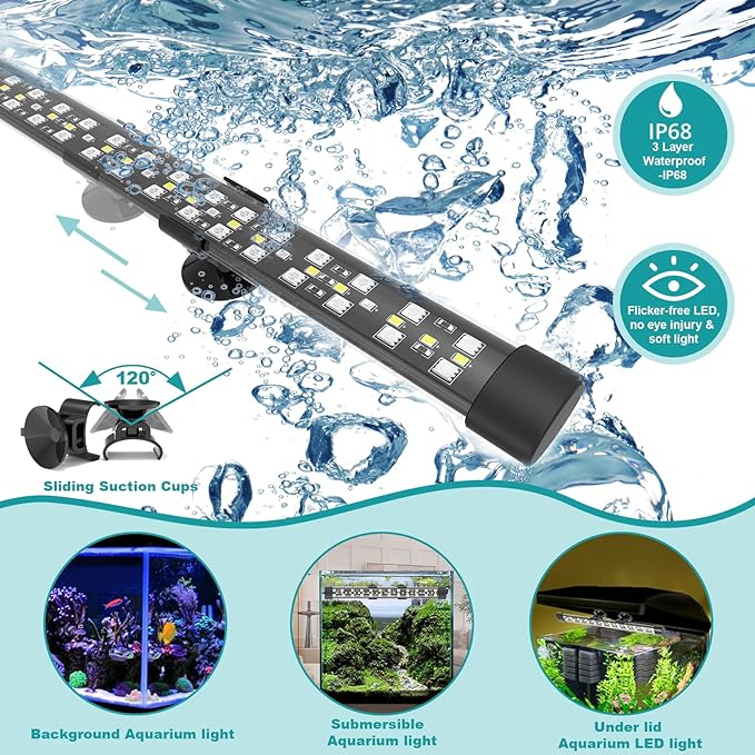 Submersible Aquarium Light for 24 to 43 Inch Fish Tank, 24/7 Cycle Fish Tank Light with Timer, Aquarium Plant Light with Full Spectrum+7 Single Colors, Auto On/Off, Adjustable Brightness