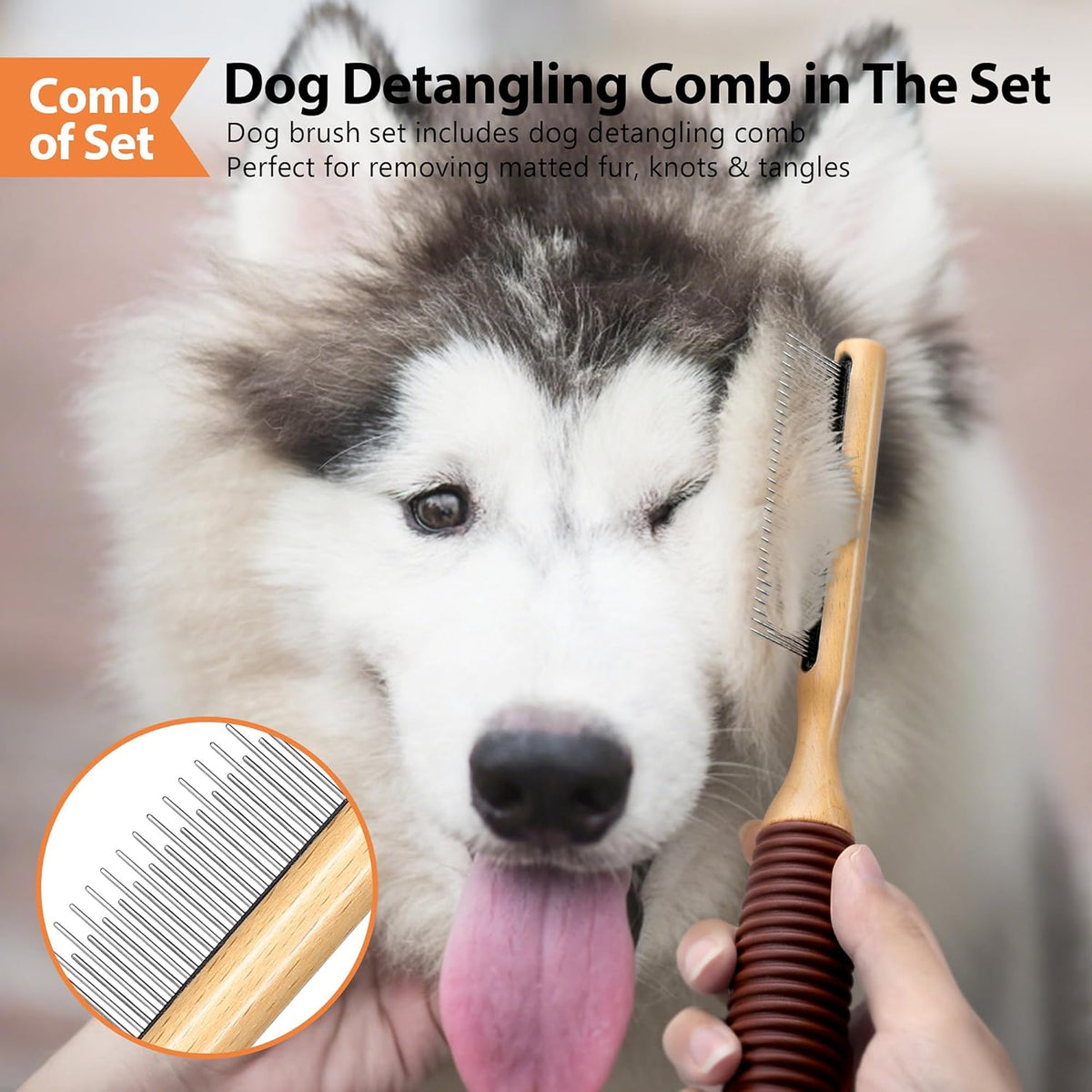 Dog Brush for Long Haired Dogs, 27mm Extra Long Metal Pin Dog Deshedding Brush and Comb Set, Short Haired Shedding Grooming Detail Pets Brush Set with Rubber Handle