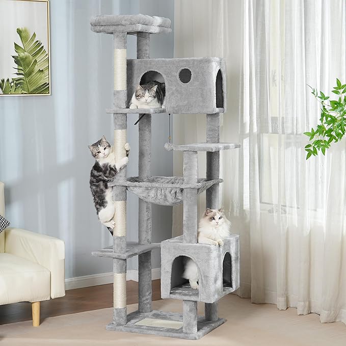72” Cat Tree for Large Cats Big Cat Tower with Enlarged Hammock 21.6x17.7” Spacious Cats Condo House and Roomy Top Bed and Multiple Scratch Posts for Indoor Adult Cats (Grey, XLarge-72)