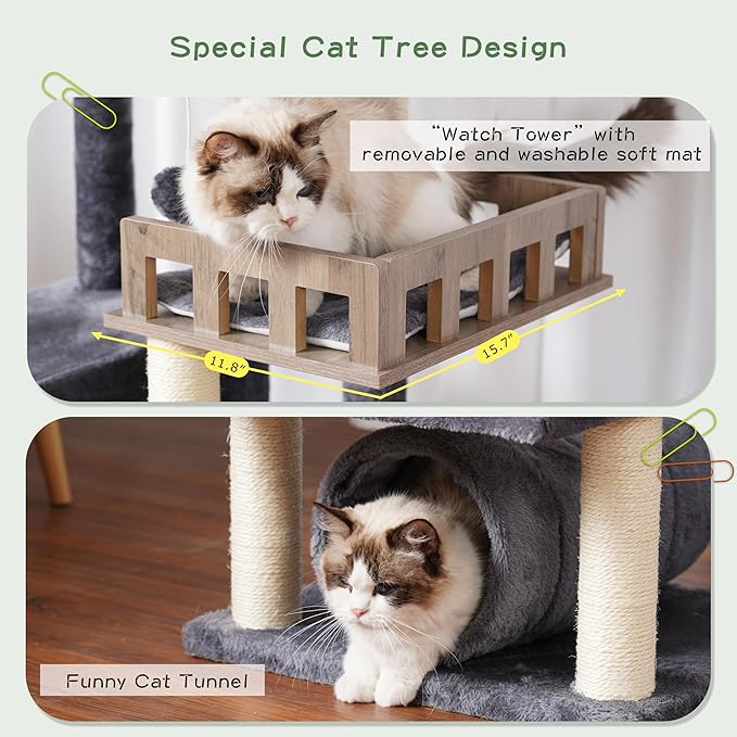 Cat Tree with Tunnel, Cat Tower for Indoor Cats, Tall Cat Tree Tower with Cat Condo, Food Station, Large Platform, Scratching Posts, Hammock, Smoky Gray GCT021G
