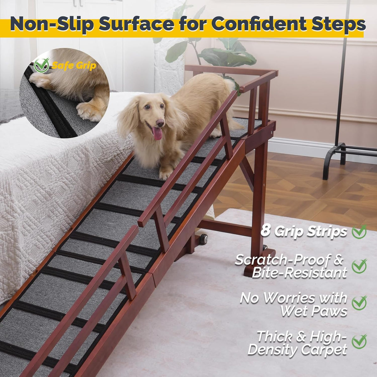 Dog Ramp for Bed or Couch, Wooden Pet Ramp with 20° Gentle Slope, Removable Side Rails, Non-Slip Surface, Top Platform & Wheels, Safe Bed Ramp for Small, Medium & Senior Dogs, 74" Long, Mahogany