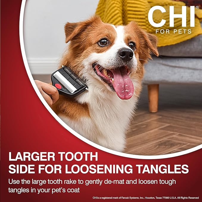 CHI for Dogs 2 in 1 Dematting and Deshedding Rake, Dual Head Dog Grooming Tool with Wide Tooth Dematting Rake and Fine Deshedding Rake, Detangler Comb for Thick Double and Long Dog Coat