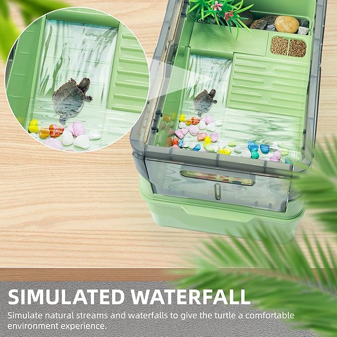 Turtle Tank kit with Filter+Water Pump+Heat lamp, Wheels, Easy to Move, Imitate The Natural Flows, Suitable for Small Turtle Horned Frog Hermit (M, Green)