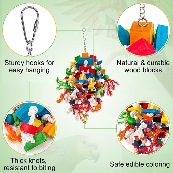 Large Parrot Toy - Multicolored Wooden Blocks Tearing Toys for Birds Suggested for African Grey, Macaw and Amazon Parrots