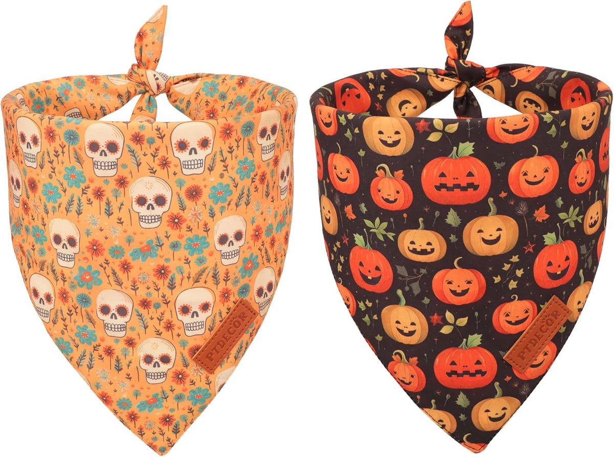 PTDECOR Halloween Dog Bandana, Skeleton Pumpkin Reversible Holiday Dog Scarf, Triangle Halloween Bandanas for Large X-Large Dogs (X-Large)