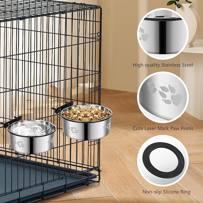 2 Pack Dog Crate Water Food Bowl No Spill,2-in-1 Hanging Dog Bowls for Kennel,Dogs Crate Water Feeder Dish,Stainless Steel Kennel Dogs Bowls Mountable with Non-Slip Bottom for Cats Bunny Ferret Bird