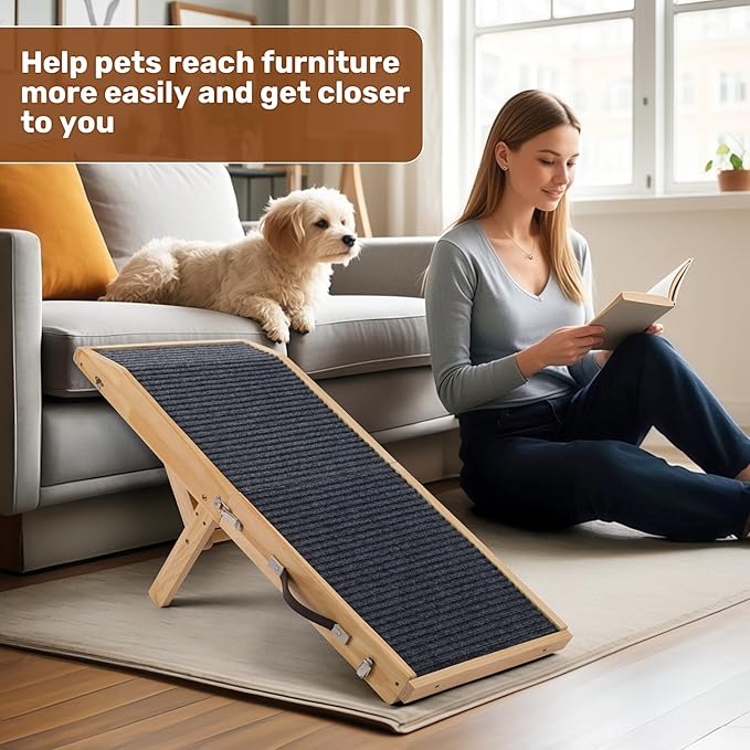 Wood Dog Ramp for Bed, 5-Level Adjustable Height (10" to 21") Pet Ramp with Non-Slip Surface for Couch, Bed and Car, Foldable Dog Stairs for Small, Medium to Large Dogs, Up to 200LBS