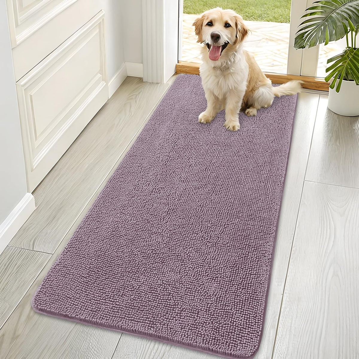 OLANLY Dog Door Mat for Muddy Paws 70x35, Absorbs Moisture and Dirt, Absorbent Non-Slip Washable Doormat, Quick Dry Chenille Mud Mat for Dogs, Entry Indoor Entryway Carpet for Inside Floor, Deep Plum