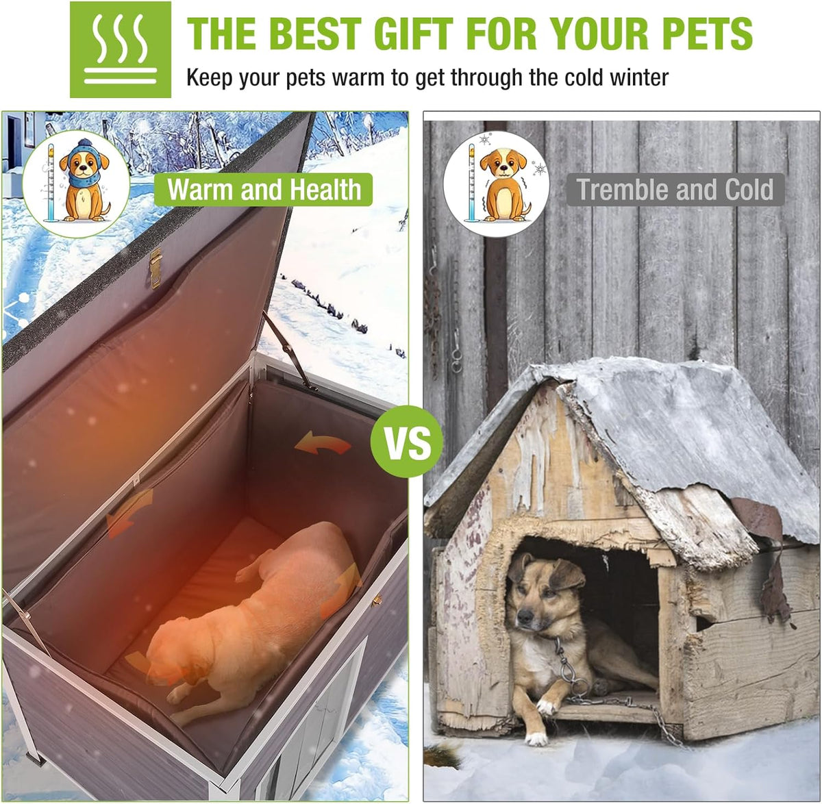 GUTINNEEN Dog House Insulated Outdoor Dog Kennel with Liner for Winter Large(Grey and White)