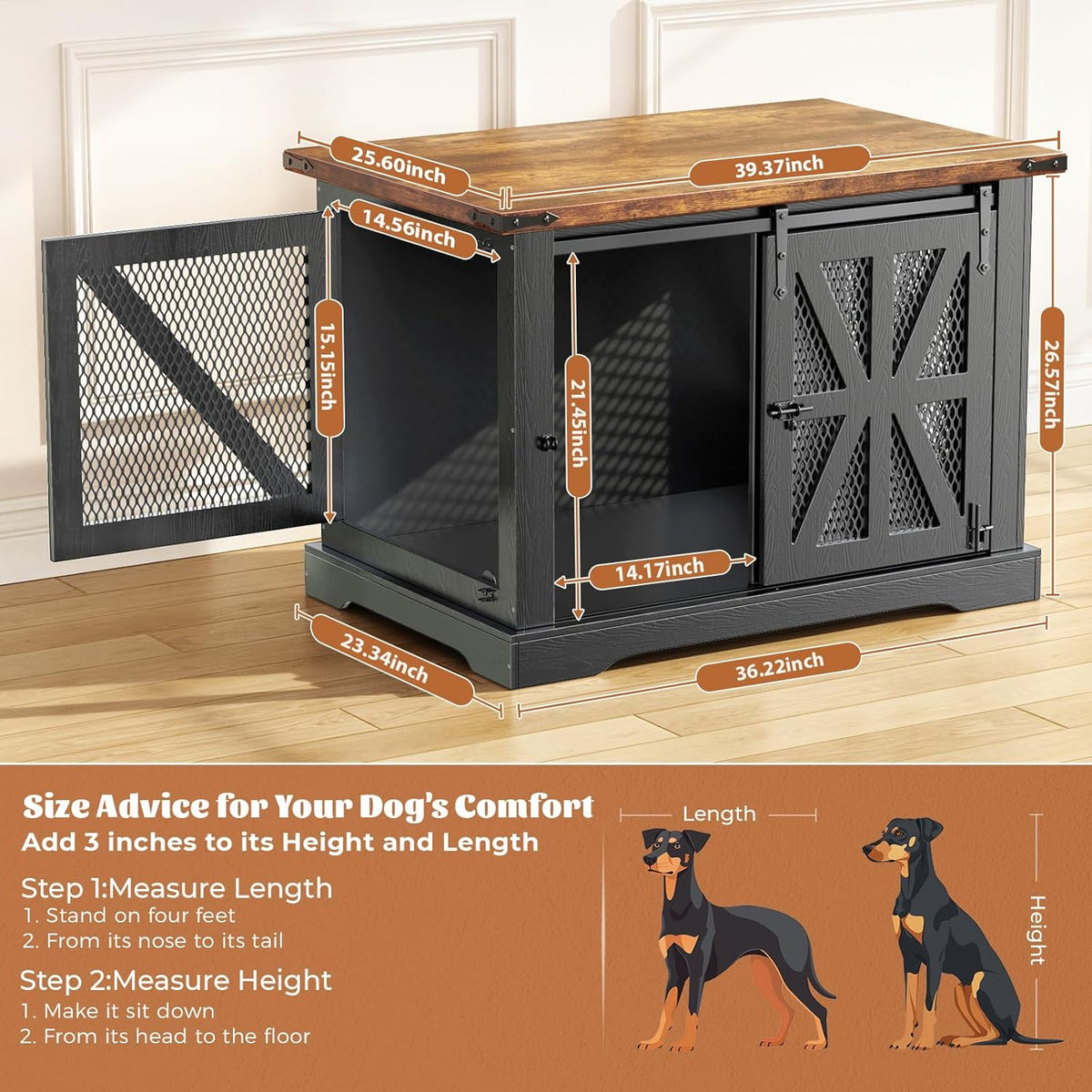 VOPEAK 40" Farmhouse Dog Crate Furniture, Heavy Duty Dog Cage for Medium Large Dogs, Dog Crate Dog Kennel Indoor with Double Doors, Chew Resistant End Table for Bedroom Living Room, Black