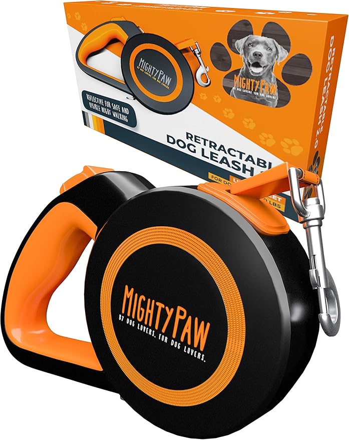 Mighty Paw Retractable Dog Leash 2.0 - Auto-Locking Button for The Control When You Need - Stainless Steel Coil for Smooth Retraction - Super Reflective Ring for Nighttime Visibility - No More Tangle