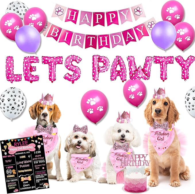 Dog Birthday Party Supplies, Pink Dog Birthday Decorations, Lets Pawty Balloons Banner Hat Bandana Tutu Skirt Outfit for Small Medium Dogs