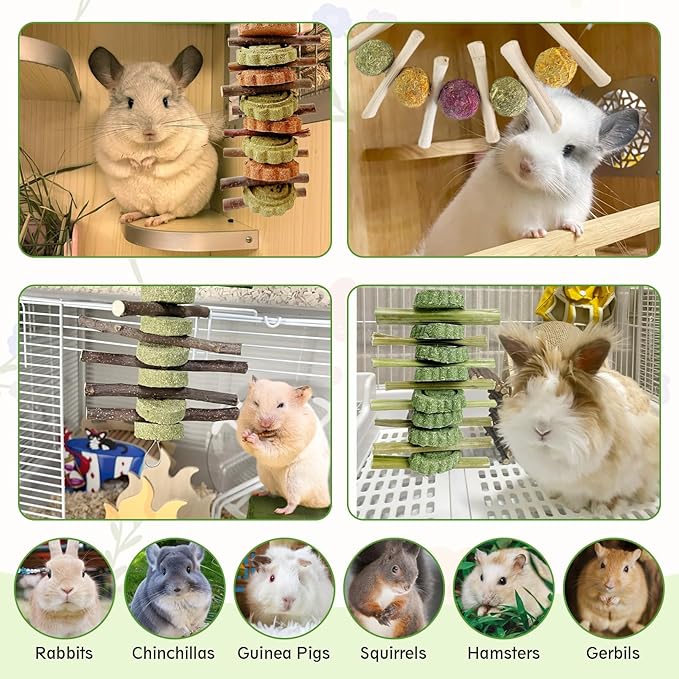 Hamiledyi 4PCS Bunny Chew Toys Rabbit Toys for Teeth Grinding Natural Fruit Sticks Timothy Grass Small Animal Chew Toys and Treats for Guinea Pig Hamster Chinchilla Squirrel