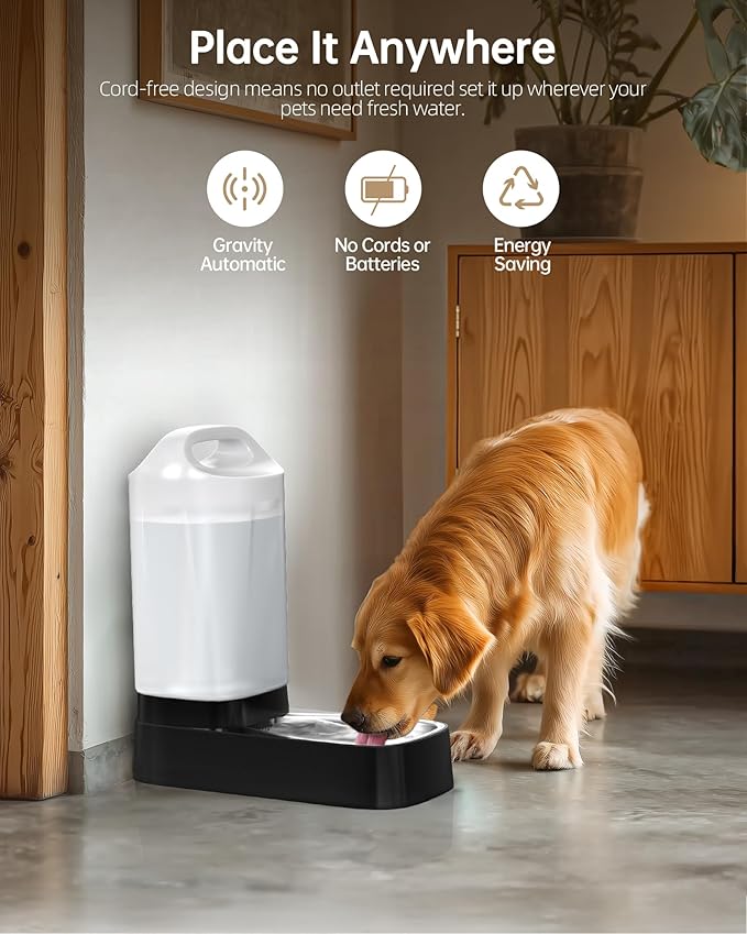 Automatic Dog Water Bowl Dispenser - 2.4 Gallon Gravity Pet Water Dispenser with 304 Stainless Steel Bowl, Dog Auto Feeders Bowls Self Waterer, Easy-Carry Handle for Large Dogs & Cats, Multi-Pet Home