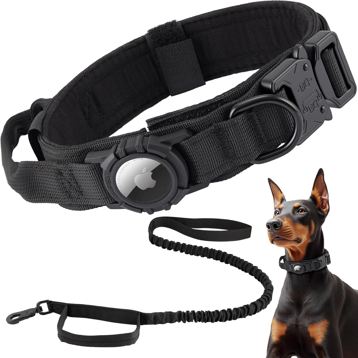 Tactical AirTag Dog Collar Leash Set - Heavy Duty, Adjustable GPS Collar Compatible with Apple AirTag, with Holder & Control Handle for Medium/Large Dogs [ Black, L ]