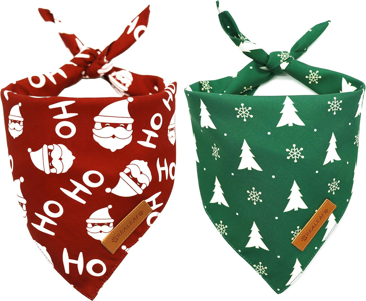 Realeaf Christmas Dog Bandanas 2 Pack, Christmas Tree and Santa Claus Dog Scarf for Boy and Girl, Premium Durable Fabric, Holiday Bandana for Small Medium Large and Extra Large Dogs (Small)