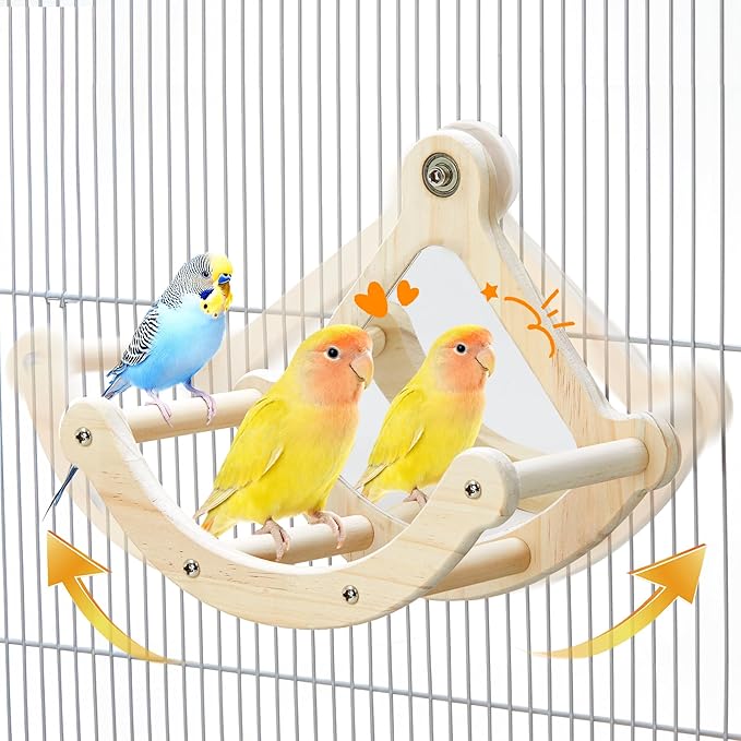 Bird Perch Toy with Mirror for Cage, Interactive Rocking Parakeet Toys and Perches, Wood Exercise Wheel Cockatiel Toys, Birds Enrichment Toy for Parrot, Bird Cage Accessories Perch for Budgies Conure