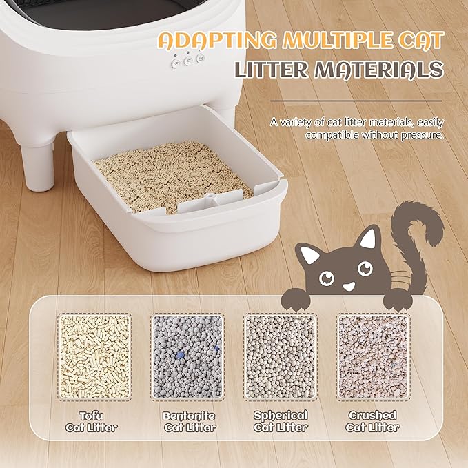 Greesum Automatic Self-Cleaning Litter Box for Cats - Open-Top Design, Easy Odor Control, Smart APP Control, 15L Large Waste Bin, Includes Trash Bags & Mat (Grey)