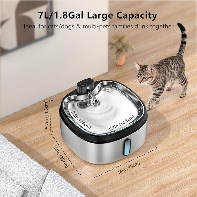 Wireless Cat/Dog Water Fountain 7L/1.8Gal with Silicone Mat & 3 Set Filters, DRLWXYSBattery Operated Cordless Automatic Pet Water Dispenser for Multi-cats and Small to Large Dogs with Ultra Quiet Pump