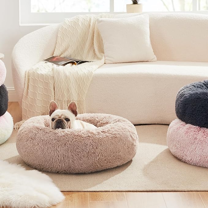 Love's cabin Calming Dog & Cat Bed, Cat Bed for Indoor Cats,Anti-Anxiety Donut Round Dog Bed,Fluffy Faux Fur Washable Bed for Small Medium Pet,Beige,Bluish Grey,30"